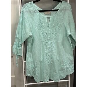 Caamano Mint Green Embroidered‎ Cotton Boho Tunic Top Crochet Lace L Fairycore